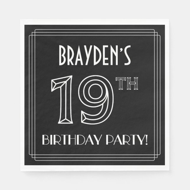 19th Birthday Party: Art Deco Style + Custom Name Napkins (Front)