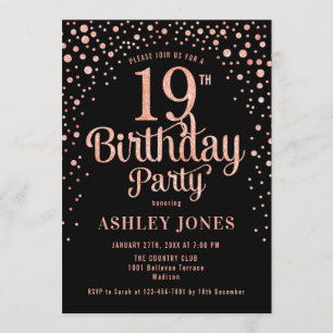 19th Birthday Party - Black & Rose Gold Invitation