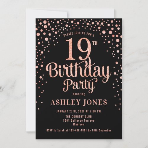 19th Birthday Party _ Black  Rose Gold Invitation