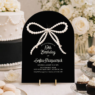 19th Birthday Party Black White Pearl Bow Arch Invitation