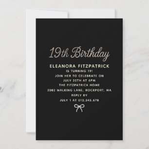 19th Birthday Party Black White Pearl Script Bow Invitation