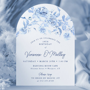 19th Birthday Party Blue Floral Arch Shape Invitation