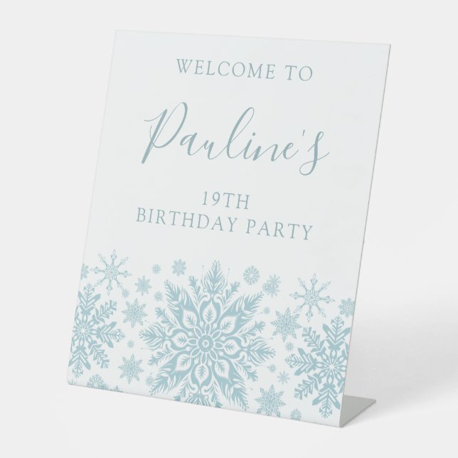 19th Birthday Party Blue White Snowflake Welcome  Pedestal Sign (Front)