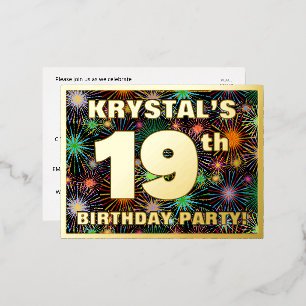 19th Birthday Party: Bold, Colorful Fireworks Look Foil Invitation Postcard
