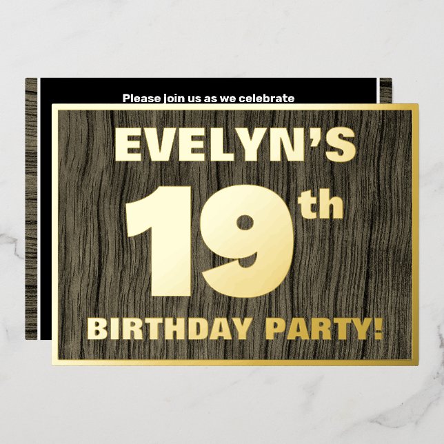 19th Birthday Party: Bold, Faux Wood Grain Pattern Foil Invitation (Front/Back)