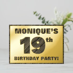 19th Birthday Party — Bold, Faux Wood Grain Text Foil Invitation