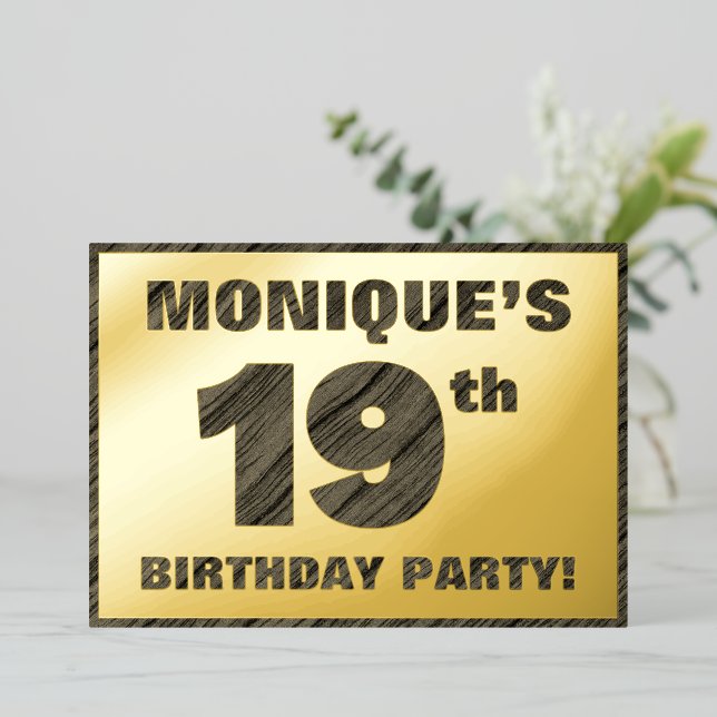 19th Birthday Party — Bold, Faux Wood Grain Text Foil Invitation (Standing Front)