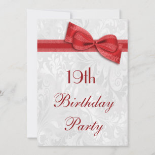 19th Birthday Party Damask and Faux Bow Invitation