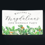 19th Birthday Party December Birth Flower Welcome Banner<br><div class="desc">Elegant winter watercolor green holly sprigs create a beautiful holiday greenery border at the bottom of this birthday party welcome banner,  green holly is the December birth flower. A trendy font combination gives it a modern vibe. All of the text is editable.</div>