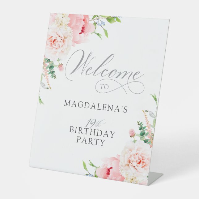 19th Birthday Party Elegant Pink Floral Welcome Pedestal Sign (Front)