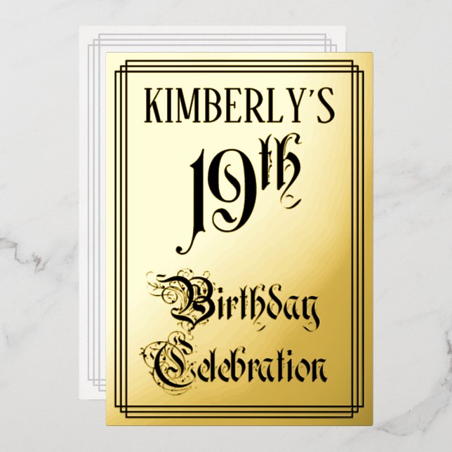 19th Birthday Party — Elegant Script + Custom Name Foil Invitation (Front/Back)
