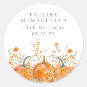 19th Birthday Party Fall Pumpkin Wildflower Custom Classic Round Sticker