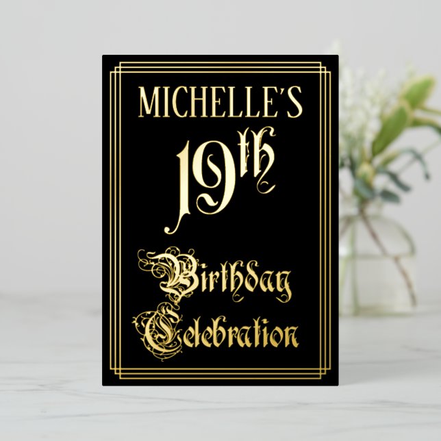 19th Birthday Party — Fancy Script & Custom Name Foil Invitation (Standing Front)