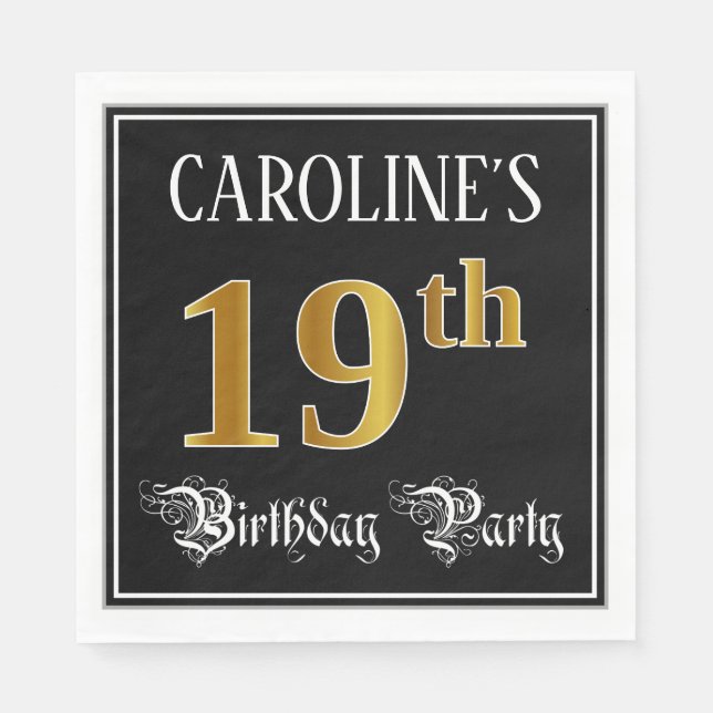 19th Birthday Party — Fancy Script, Faux Gold Look Napkins (Front)