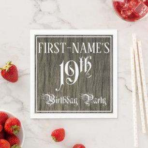 19th Birthday Party — Fancy Script, Faux Wood Look Napkins