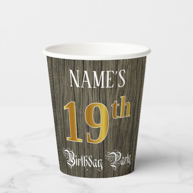 19th Birthday Party — Faux Gold & Faux Wood Looks Paper Cups (Back)
