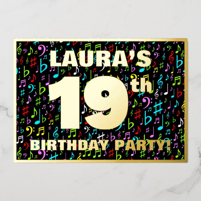 19th Birthday Party — Fun, Colorful Music Symbols Foil Invitation (Front)