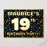 [ Thumbnail: 19th Birthday Party — Fun, Colorful Stars Pattern Invitation ]