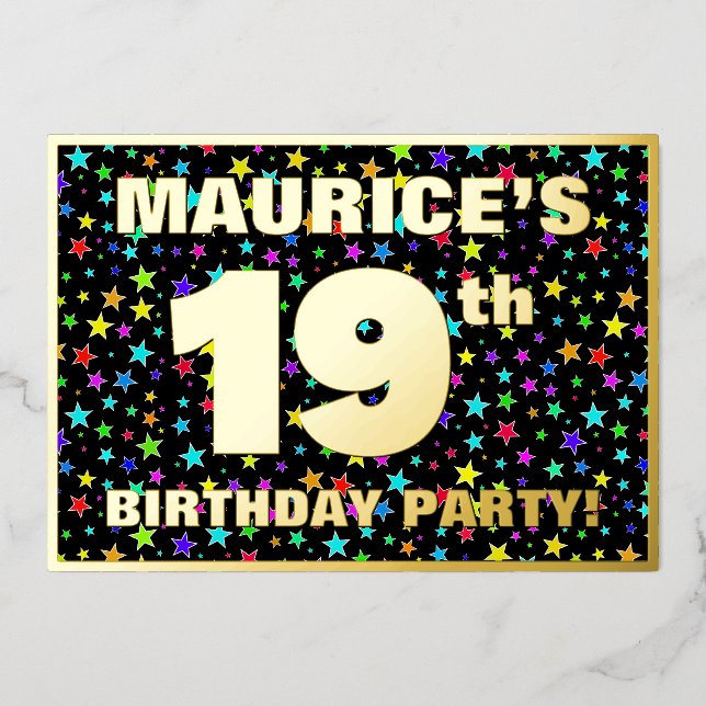 19th Birthday Party — Fun, Colorful Stars Pattern Foil Invitation (Front)