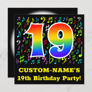 19th Birthday Party: Fun Music Symbols, Rainbow 19 Invitation