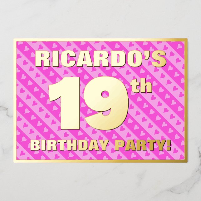 19th Birthday Party — Fun Pink Hearts and Stripes Foil Invitation (Front)