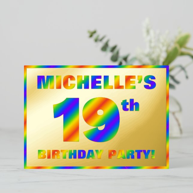 19th Birthday Party — Fun, Rainbow Spectrum “19” Foil Invitation (Standing Front)