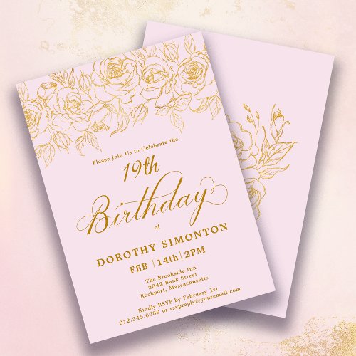 19th Birthday Party Gold Rose Floral Blush Pink Invitation