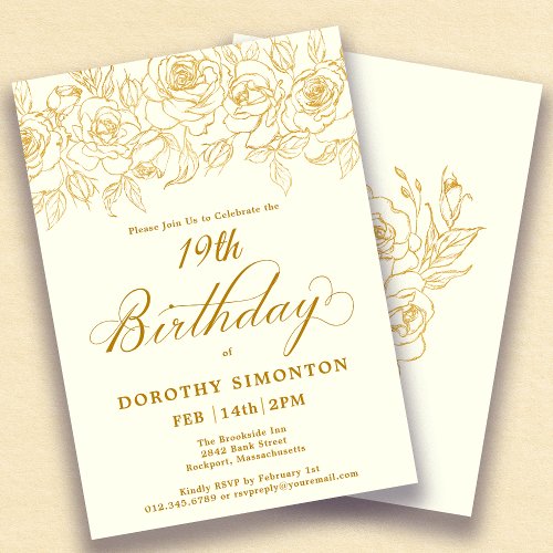 19th Birthday Party Gold Rose Floral Ivory White Invitation