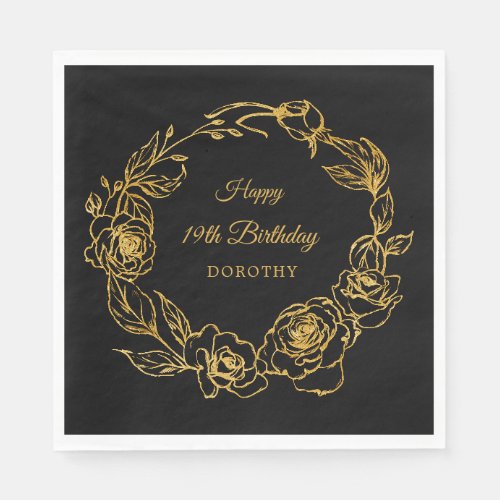 19th Birthday Party Luxe Gold Rose Black Cocktail Napkins
