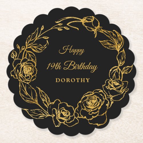 19th Birthday Party Luxe Gold Rose Floral Black Paper Coaster