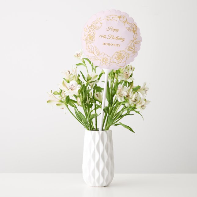 19th Birthday Party Luxe Gold Rose Floral Pink Balloon (Vase)