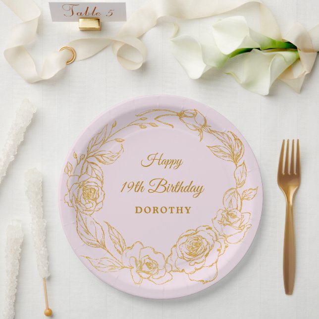 19th Birthday Party Luxe Gold Rose Floral Pink Paper Plates (Wedding)