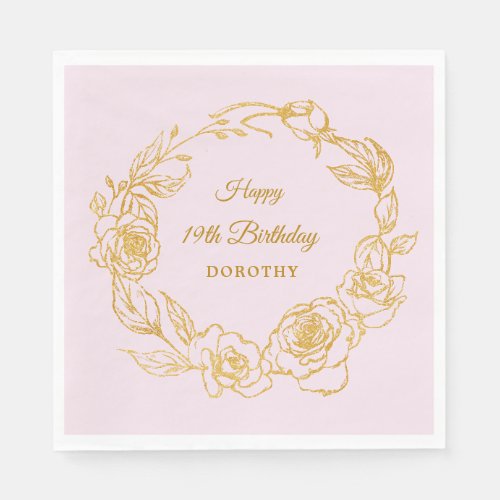 19th Birthday Party Luxe Gold Rose Pink Cocktail Napkins