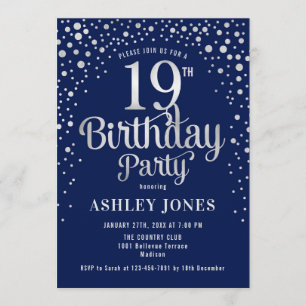 19th Birthday Party - Navy & Silver Invitation