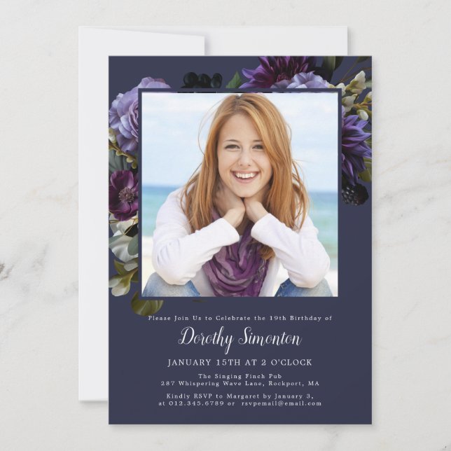 19th Birthday Party Photo Moody Purple Floral Invitation (Front)