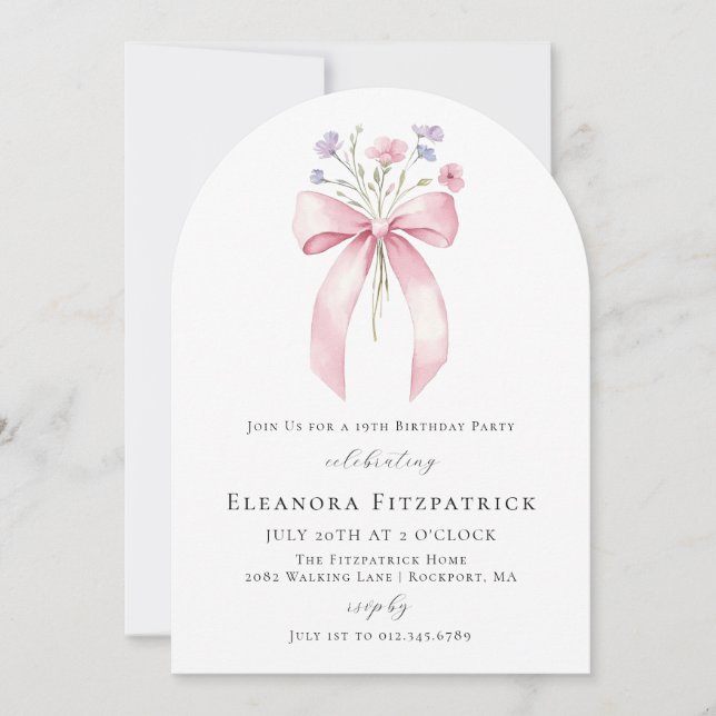 19th Birthday Party Pink Bow Wildflower Arch Invitation (Front)