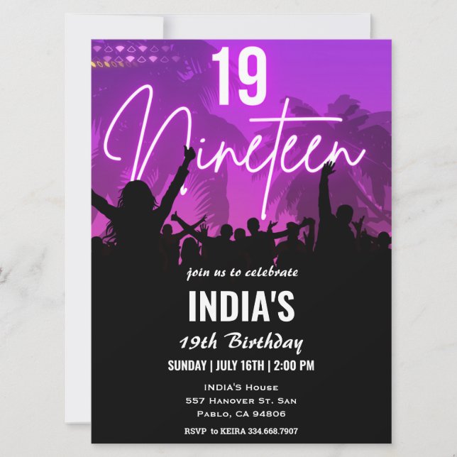 19th Birthday Party Pink Neon Invitation (Front)