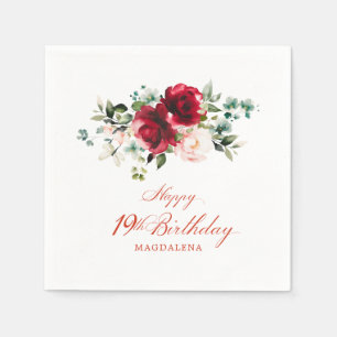 19th Birthday Party Pink Red Floral Custom Napkins