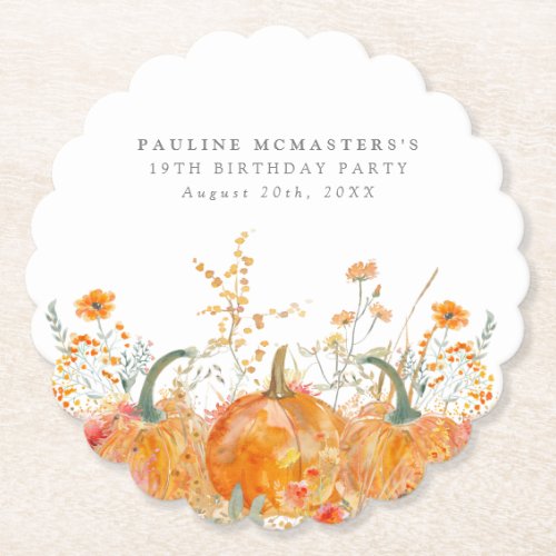 19th Birthday Party Pumpkin Wildflower Custom Paper Coaster