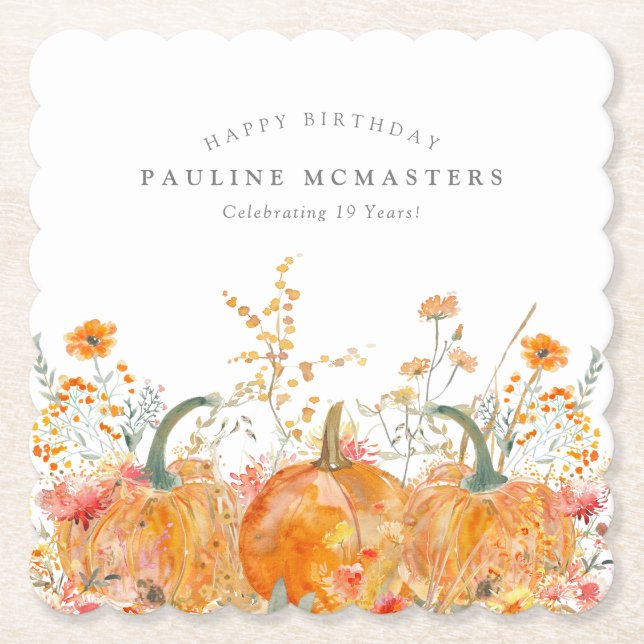 19th Birthday Party Pumpkin Wildflower Custom Paper Coaster (Front)