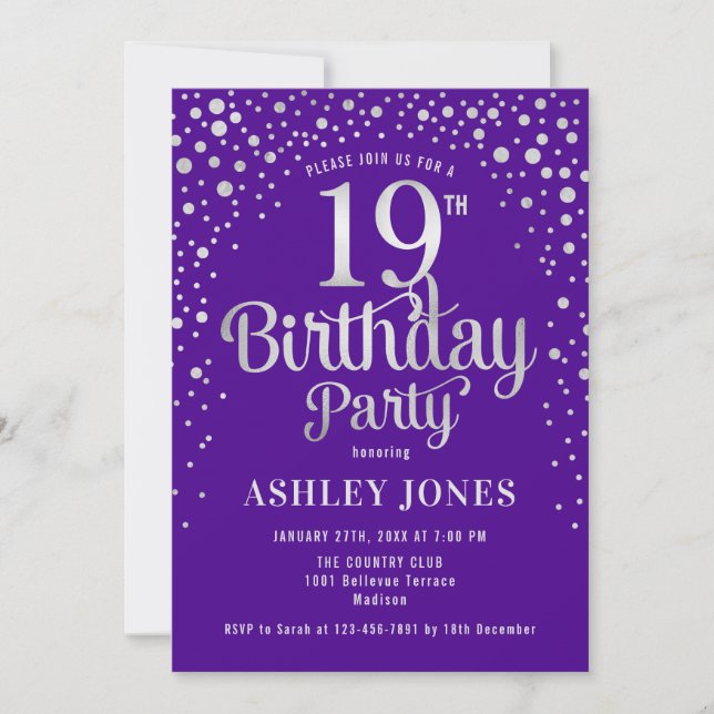 19th Birthday Party - Purple & Silver Invitation (Front)
