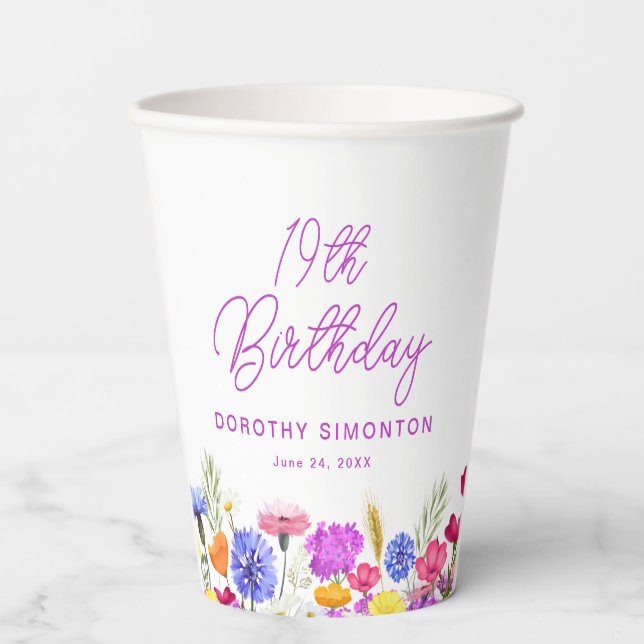 19th Birthday Party Purple Wildflower Custom Paper Cups (Front)