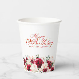19th Birthday Party Red Rose Pink Peony Custom Paper Cups