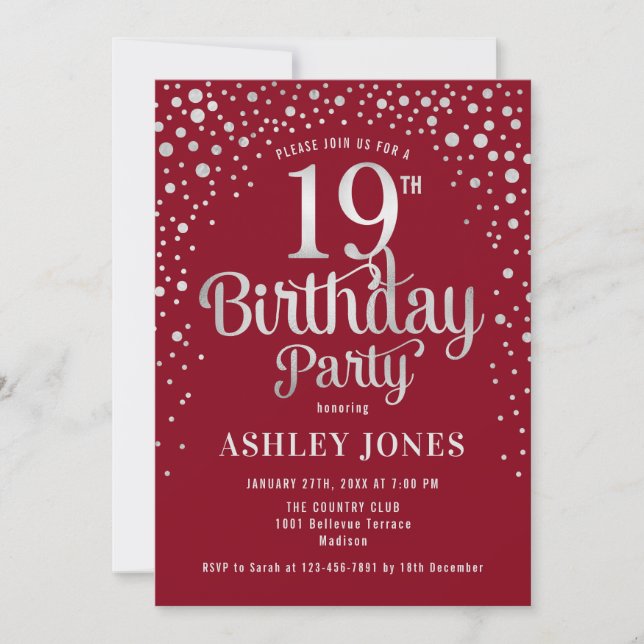 19th Birthday Party - Red & Silver Invitation (Front)