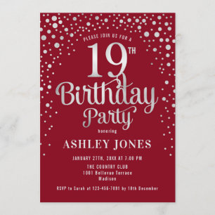 19th Birthday Party - Red & Silver Invitation