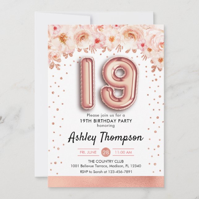 19th Birthday Party - Rose Gold Balloons Invitation (Front)