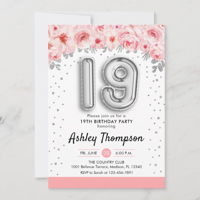 19th Birthday Party - Silver Balloons Invitation (Front)