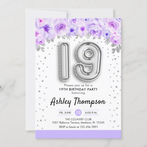 19th Birthday Party _ Silver Balloons Lavender Invitation