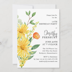 19th Birthday Party Spring Yellow Floral Invitation