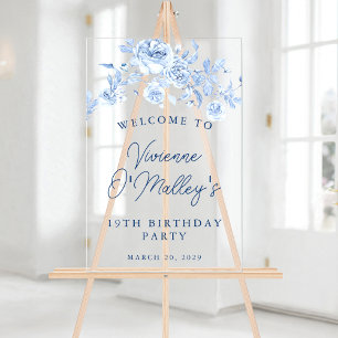 19th Birthday Party Welcome Blue Rose Floral Acrylic Sign